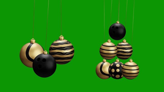 bowling Christmas hanging ball video 4k animation. Green screen Merry Christmas greeting card. Hang on a thread xmas ornament ball golden bauble on green horizontal background