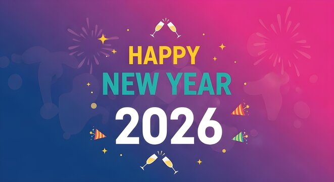 Happy new year 2026 celebration with fireworks and champagne glasses on a vibrant gradient background