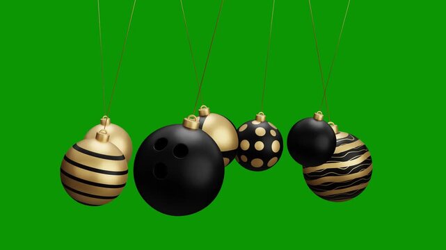 bowling Christmas hanging ball video 4k animation. Green screen Merry Christmas greeting card. Hang on a thread xmas ornament ball golden bauble on green horizontal background