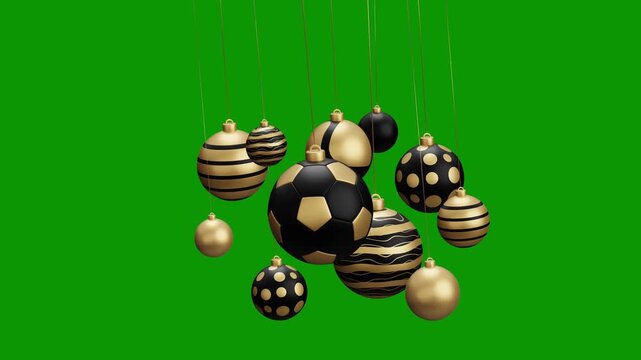 football Christmas hanging ball video 4k animation. Green screen Merry Christmas greeting card. Hang on a thread xmas ornament ball golden bauble on green horizontal background