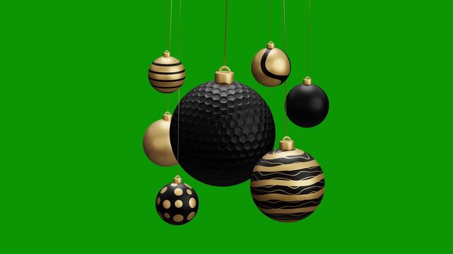golf Christmas hanging ball video 4k animation. Green screen Merry Christmas greeting card. Hang on a thread xmas ornament ball golden bauble on green horizontal background