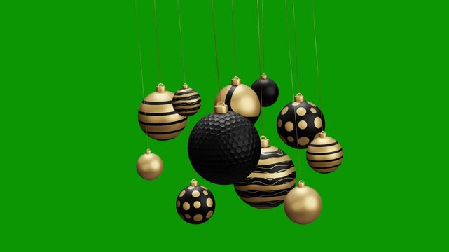 golf Christmas hanging ball video 4k animation. Green screen Merry Christmas greeting card. Hang on a thread xmas ornament ball golden bauble on green horizontal background