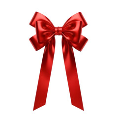 Elegant red satin gift bow with long ribbon tails isolated.