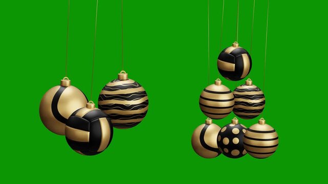 volleyball Christmas hanging ball video 4k animation. Green screen Merry Christmas greeting card. Hang on a thread xmas ornament ball golden bauble on green horizontal background