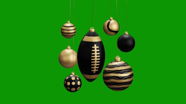 rugby Christmas hanging ball video 4k animation. Green screen Merry Christmas greeting card. Hang on a thread xmas ornament ball golden bauble on green horizontal background