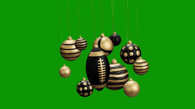 rugby Christmas hanging ball video 4k animation. Green screen Merry Christmas greeting card. Hang on a thread xmas ornament ball golden bauble on green horizontal background