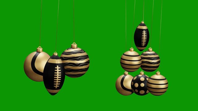 rugby Christmas hanging ball video 4k animation. Green screen Merry Christmas greeting card. Hang on a thread xmas ornament ball golden bauble on green horizontal background
