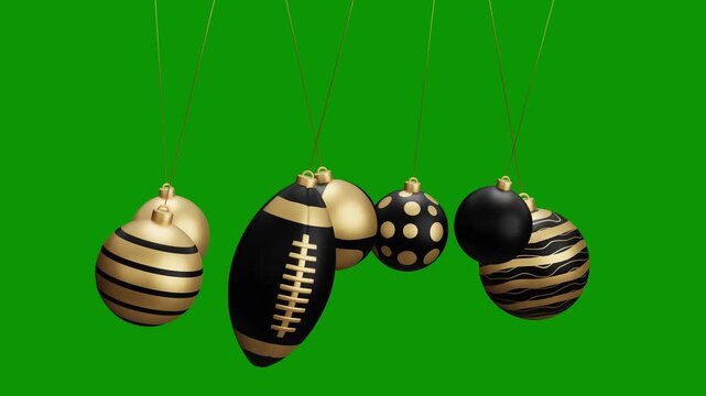 rugby Christmas hanging ball video 4k animation. Green screen Merry Christmas greeting card. Hang on a thread xmas ornament ball golden bauble on green horizontal background