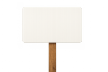 Blank white wooden sign on a post with rounded corners, providing copy space for message, information, or direction, transparent background