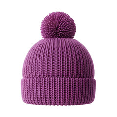 A warm purple knitted winter beanie hat with a large pompom.