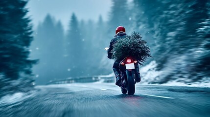 Motorcycle biker carrying christmas tree on snowy road