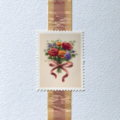 Postage stamp featuring a beautiful bouquet of red roses with colorful accents and a flowing ribbon design on a textured background