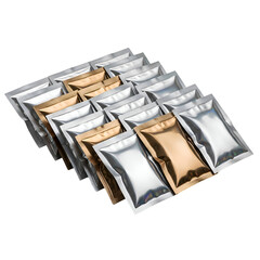 Array of various metallic foil pouches arranged in a diagonal pattern.