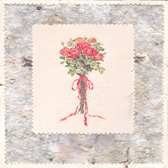 Beautiful bouquet of red roses on a vintage postage stamp for floral lovers