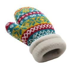 A single colorful knitted winter mitten with a traditional Nordic pattern.