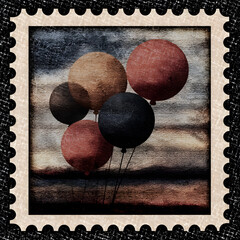 Holiday postage stamp featuring colorful balloons against a vibrant sunset sky