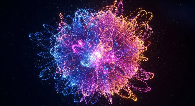 An abstract, vibrant explosion of neon particles in blue, purple, and orange on a dark background, depicting energy or a cosmic event