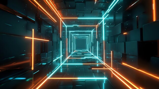 Abstract neon tunnel with glowing lines futuristic technology concept for virtual reality and sci-fi backgrounds seamless loop