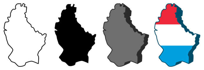 set vector Luxembourg flag in map icon. Detailed Luxembourg map silhouette. 3D isometric Luxembourg map symbol design template illustration