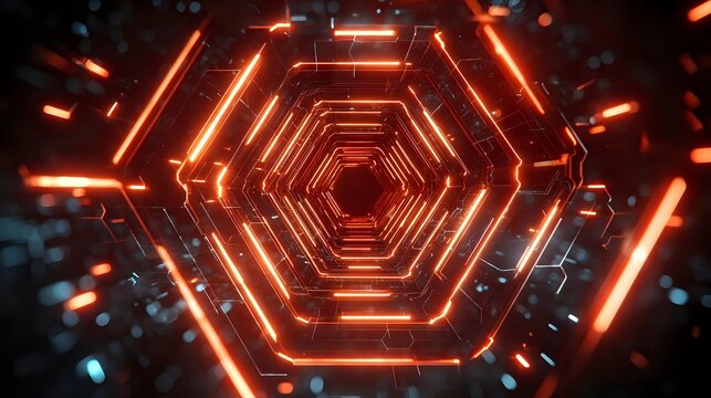 Abstract hexagon tunnel with glowing orange lights a futuristic background for technology and science concepts creating a sense of depth and movem - Powered by Adobe