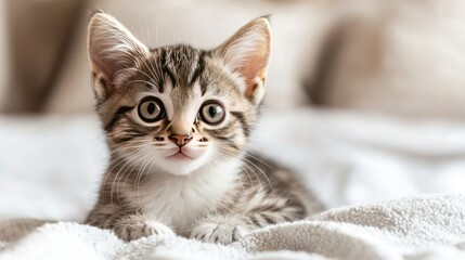Kitten on light beige bed