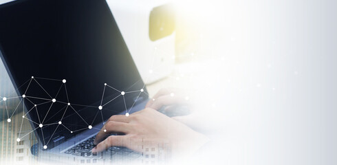 Digital technology, internet network connection, big data, digital marketing IOT internet of things. Man using laptop computer surfing internet, innovative technology.