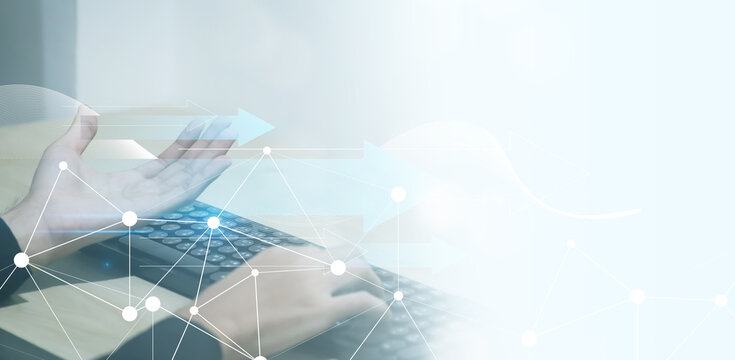 Businessman futuristic circuit board and mesh line, Illustration high computer and Communication technology on blue color background. High tech digital technology, global social media concept. - Powered by Adobe