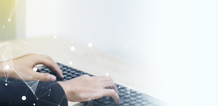 Businessman with Abstract wave with moving dots and lines. Flow of particles. Cyber ​​technology illustration.