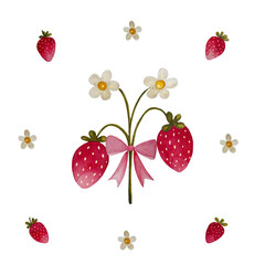 Watercolor strawberry branch. Branch with berries, flowers, leaves, and a pink ribbon isolated on white.