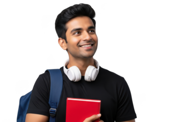 Young indian man with backpack and book isolated on transparent background