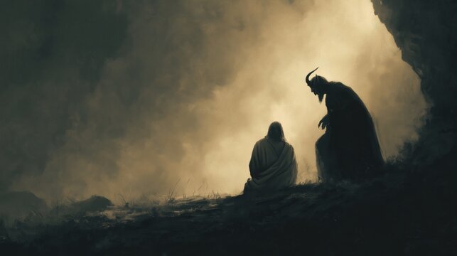 Encounter between Jesus and Satan during the trial in the wilderness with dramatic lighting and dark atmosphere