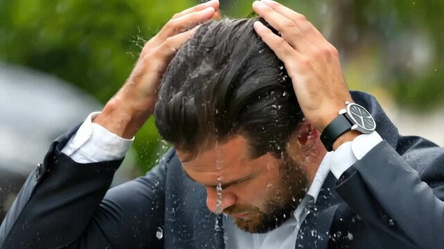Man in suit gets caught in rain while checking watch and looking frustrated in urban setting near car
