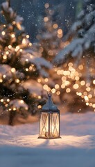 Fototapeta premium Peaceful winter evening glows with Christmas lantern lights on snow covered ground