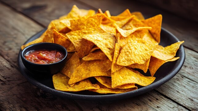 Golden tortilla nachos on rustic wood a vibrant Mexican snack food delicious appetizer lifestyle photography