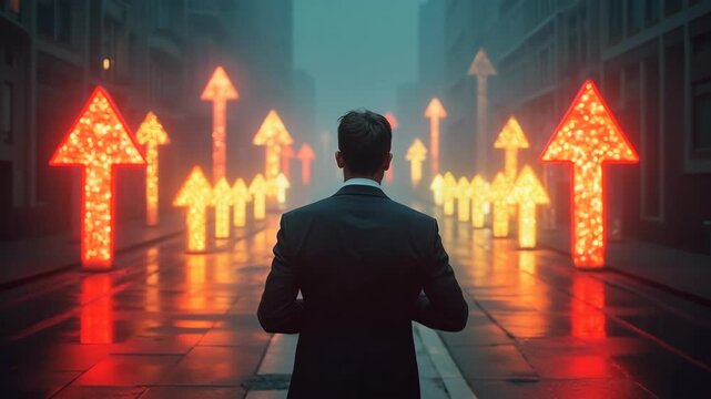 A businessman at a dark crossroads with confusing glowing arrows.
