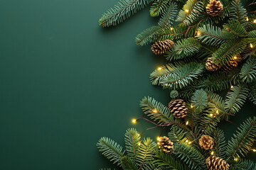 festive fir branches with warm lights and pinecones on deep green background, soft bokeh highlights, rustic