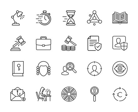 Legal and business investigation line icon set. Vector pictograms of gavel, briefcase, document, hourglass, book, search, hacker, and security, thin linear illustration.