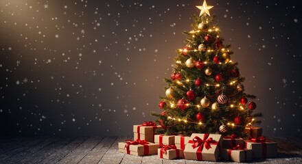 Christmas tree gifts presents red decorations snow