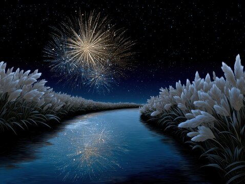 Calm and meditative illustration of a firework display over a tranquil waterway, reflecting vibrant colors and surrounded by soft, lush grass, creating a serene atmosphere