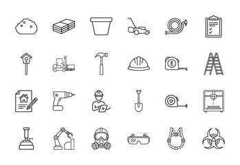 Construction and industrial line icon set. Vector pictograms of various tools, safety equipment, manufacturing machines, gardening elements, thin linear illustration.