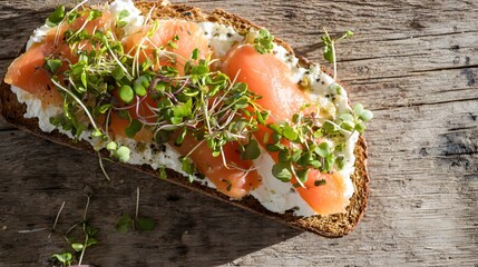 Fototapeta premium Gourmet open sandwich creamy ricotta smoked salmon microgreens rustic food photography lifestyle