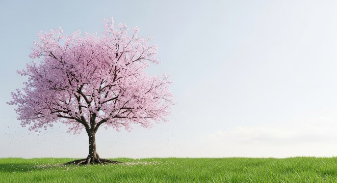A solitary blooming cherry blossom tree with delicate pink flowers stands tall in a vibrant green grassy field under a clear sky - Powered by Adobe