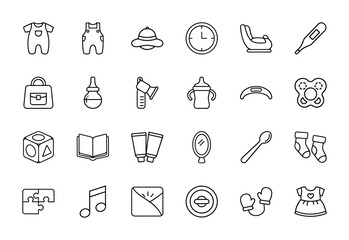 Childcare and baby products line icon set. Vector pictograms of infant clothing, nursery items, toys, and care essentials, thin linear illustration.