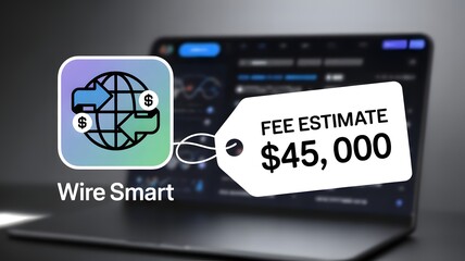 Wire Smart Global Money Transfer Concept: Fee Estimate for International Transaction with Digital Earth and Currency Icon on a Futuristic Finance App.