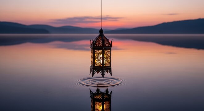 Ornate moroccan lantern suspended over calm water reflecting a vibrant sunset sky with mountains