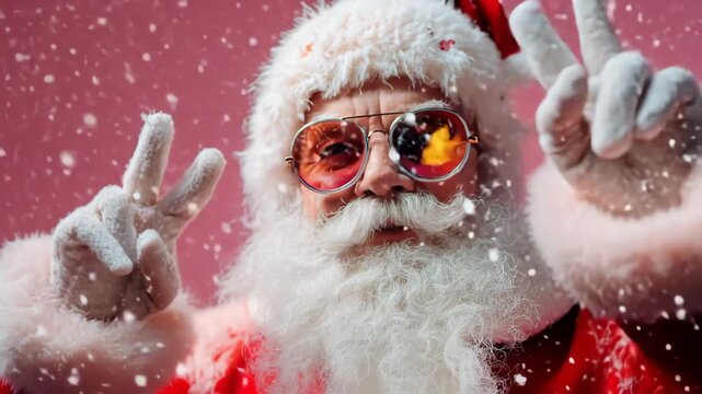 Cool Santa Claus wearing sunglasses making peace sign in falling snow against pink background festive holiday vibe