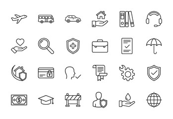Fototapeta premium Insurance line icon set. Vector pictograms of an airplane, car, house, shields, money, credit card, umbrella, briefcase, and wrench, thin linear illustration.