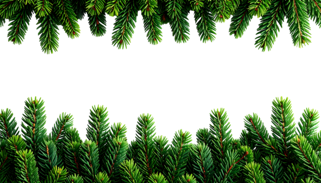 Festive Evergreen Frame: A vibrant display of fresh, green evergreen branches frames a blank space, evoking the spirit of the holidays and creating a perfect backdrop for festive messages.