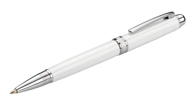 Elegant white ballpoint pen with a silver clip, realistic mockup. Isolated on transparent background, png
