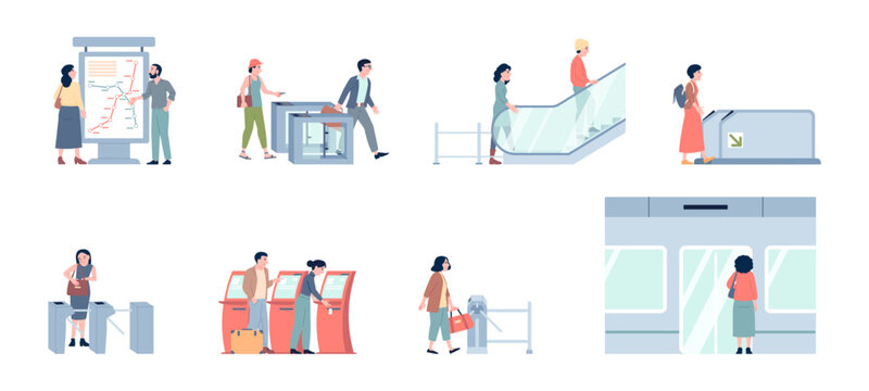 People in subway. Turnstile entrance and automated control system, bying tickets, looking on map. Male female travel with train, recent vector scenes